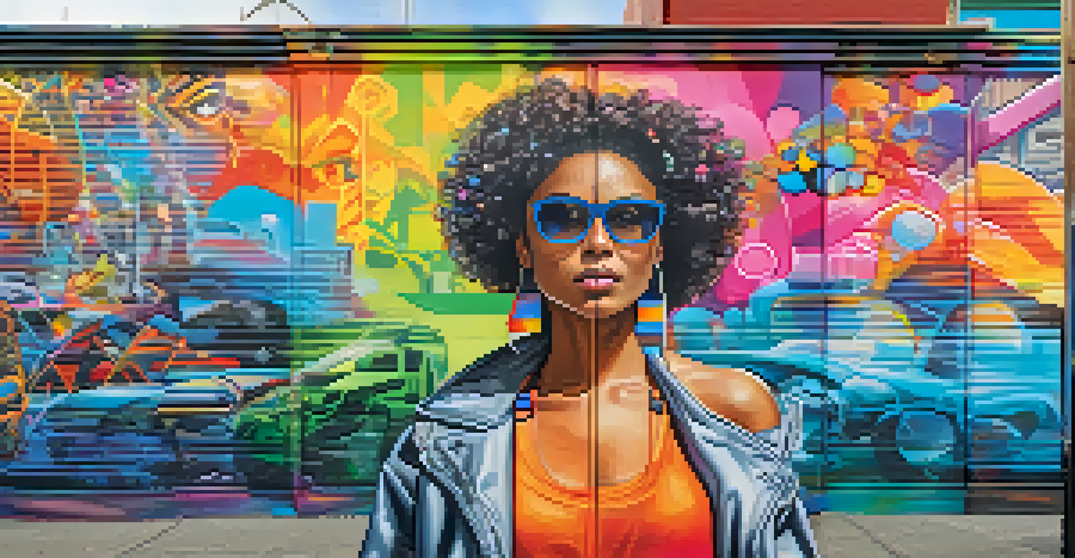 A fashionable individual wearing a smartwatch near a vibrant street mural in San Francisco.
