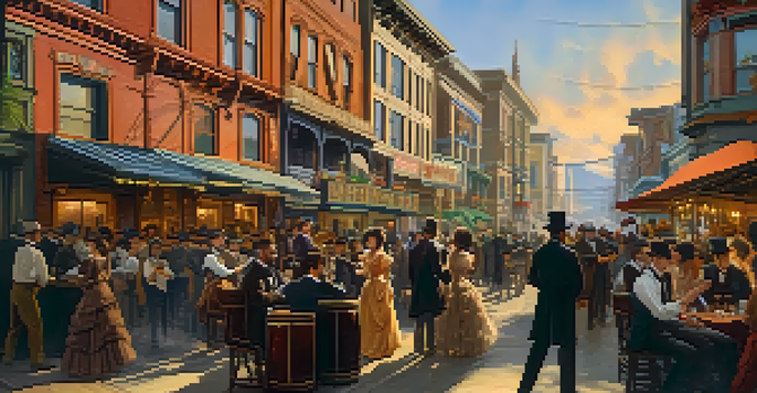 A lively saloon scene in late 19th century San Francisco with musicians playing and patrons dancing, illuminated by warm lighting.