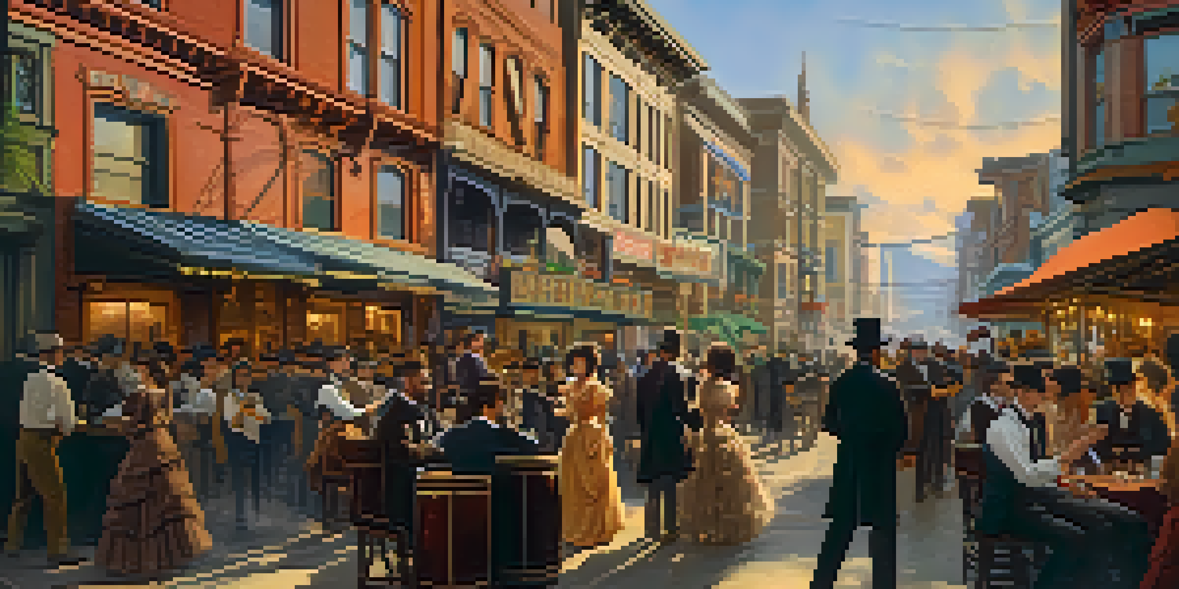 A lively saloon scene in late 19th century San Francisco with musicians playing and patrons dancing, illuminated by warm lighting.
