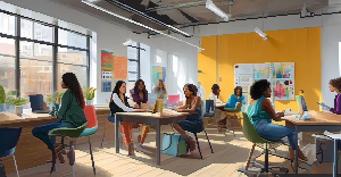 A bright co-working space with diverse women entrepreneurs collaborating on tech projects, featuring modern furniture and a whiteboard filled with colorful notes.