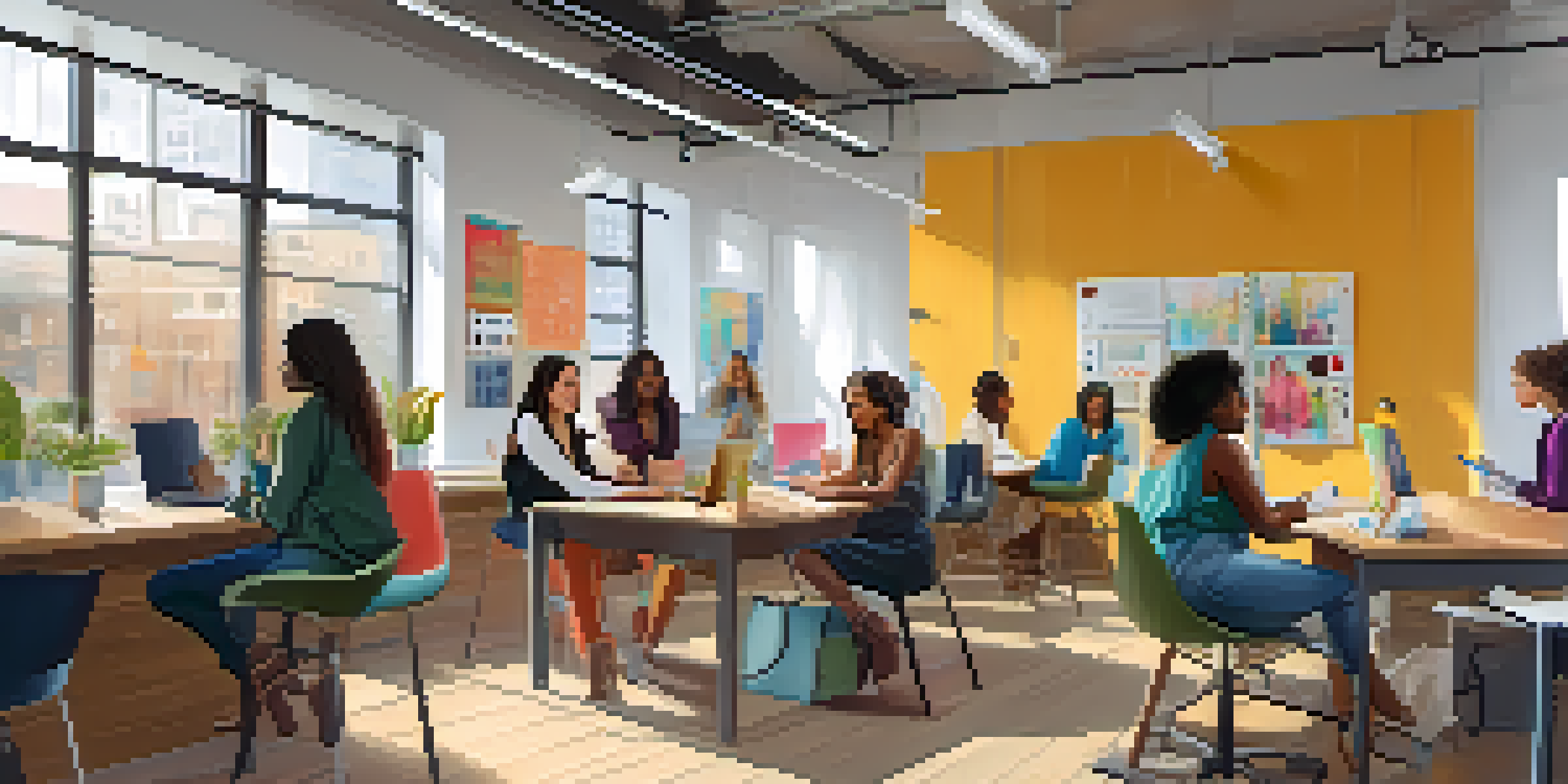 A bright co-working space with diverse women entrepreneurs collaborating on tech projects, featuring modern furniture and a whiteboard filled with colorful notes.