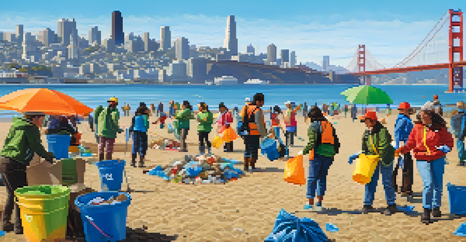 People participating in a beach clean-up along the San Francisco Bay with the city skyline in the background.