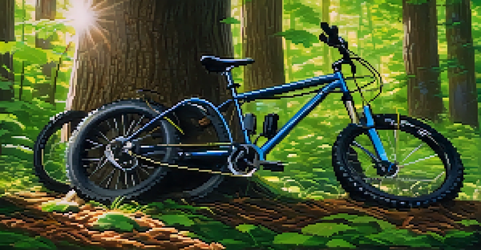 A close-up view of a shiny mountain bike against a tree in a green forest, with sunlight creating dappled light on the bike.