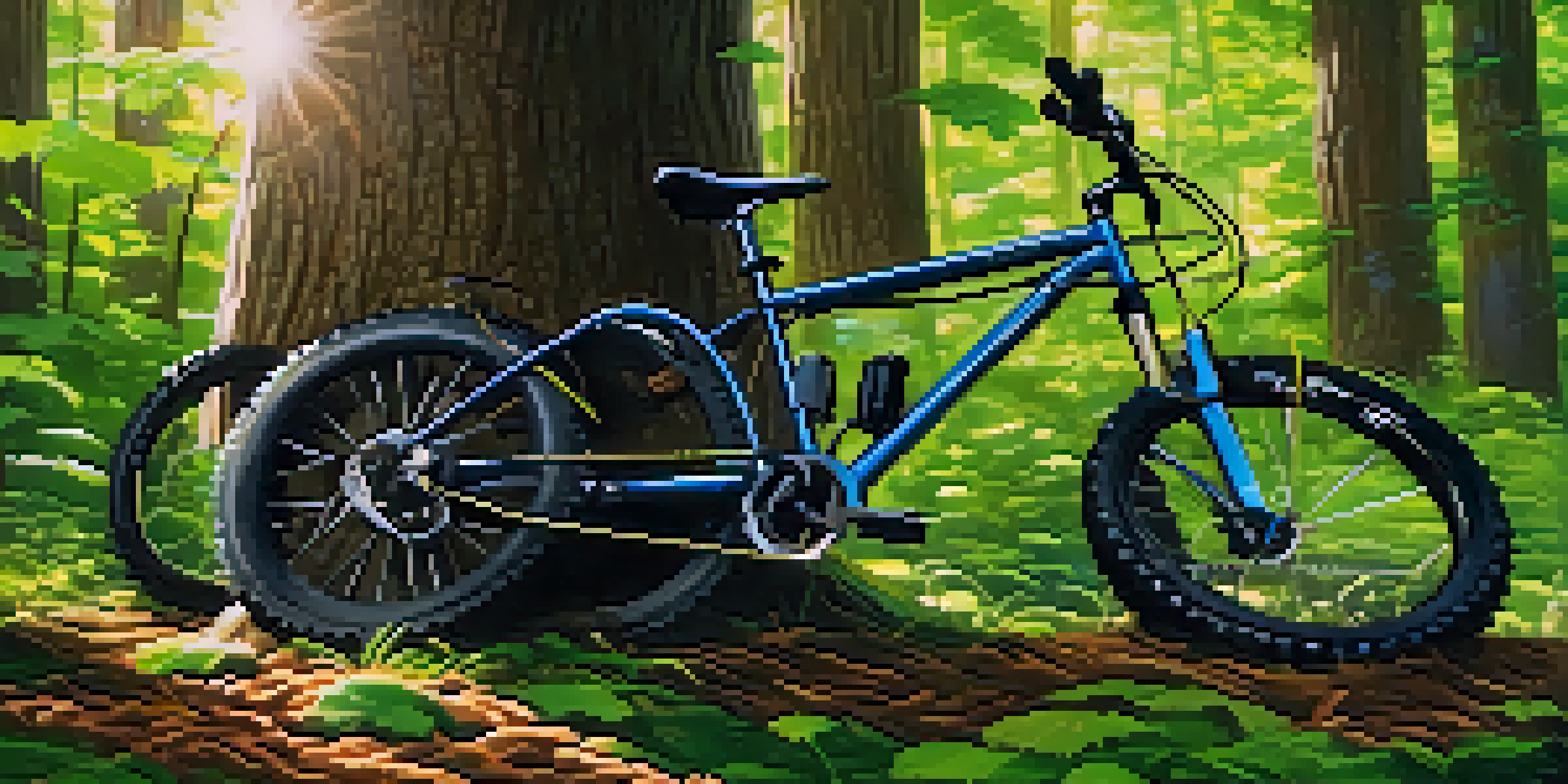 A close-up view of a shiny mountain bike against a tree in a green forest, with sunlight creating dappled light on the bike.