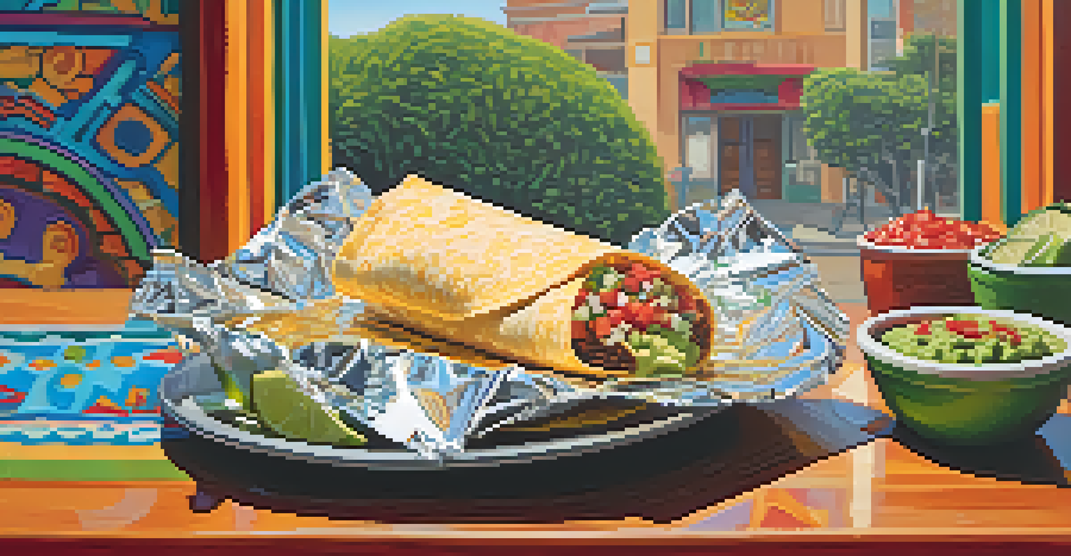 A Mission burrito wrapped in foil on a table, accompanied by salsa, guacamole, and tortilla chips, set in a colorful, culturally inspired atmosphere.