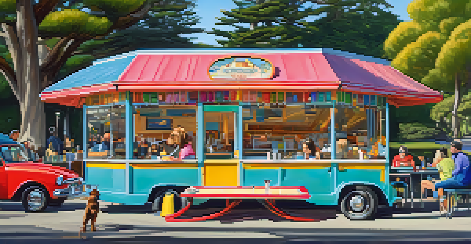 A colorful dog-themed café with dogs enjoying treats and happy owners in a vibrant outdoor setting.