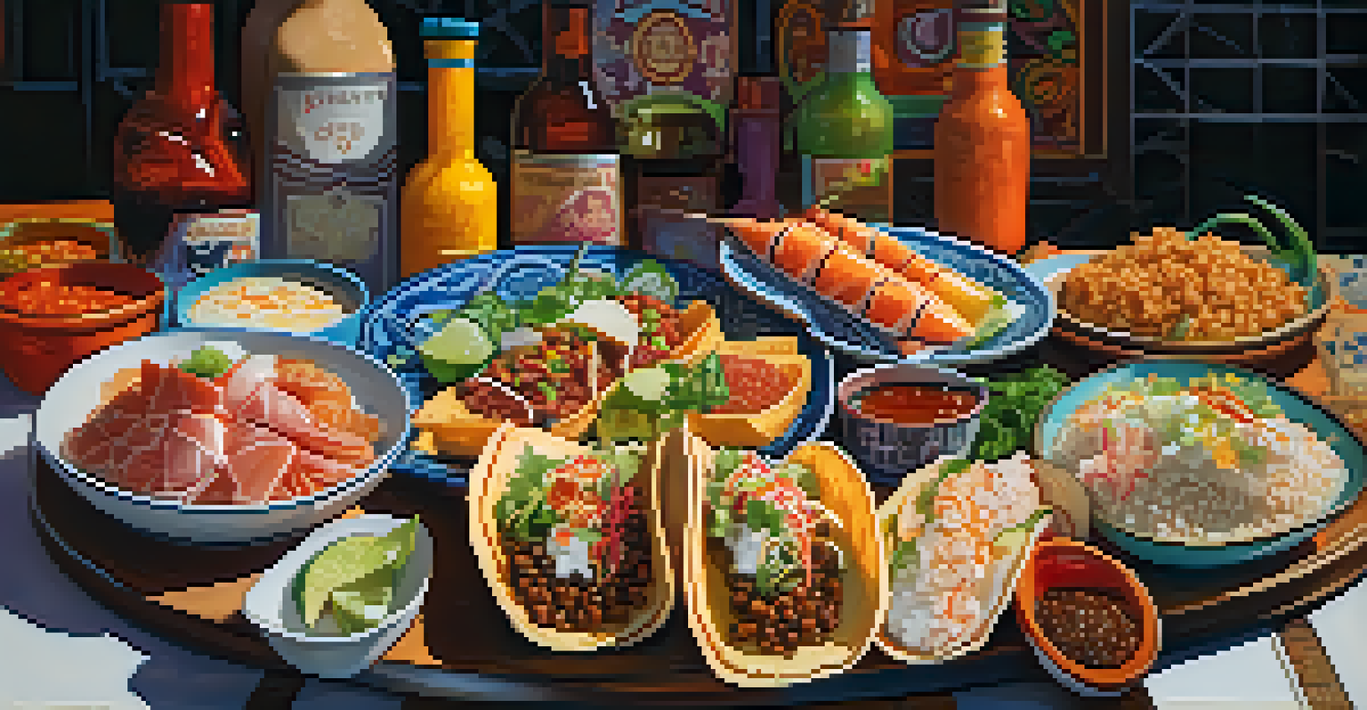 A gourmet street food display at Mercado de San Juan, showcasing artisanal tacos and exotic ingredients in a beautifully arranged setting.
