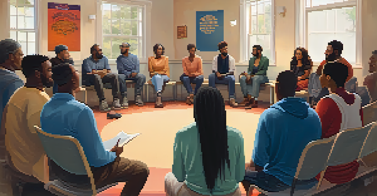 A diverse group of individuals participating in a support group session in a welcoming community center.