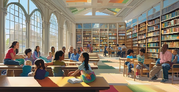 A lively library scene with diverse patrons, including children listening to a storyteller and adults in a language class, all surrounded by colorful bookshelves and natural light.