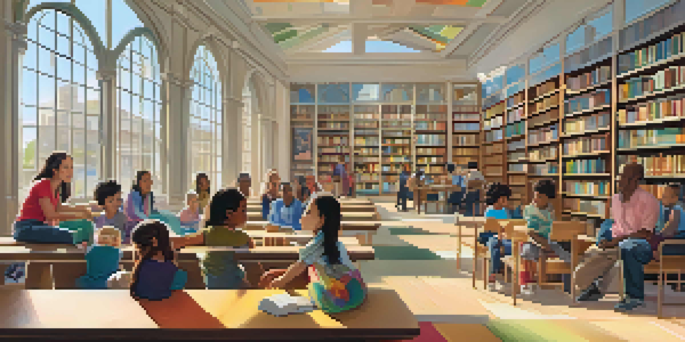 A lively library scene with diverse patrons, including children listening to a storyteller and adults in a language class, all surrounded by colorful bookshelves and natural light.