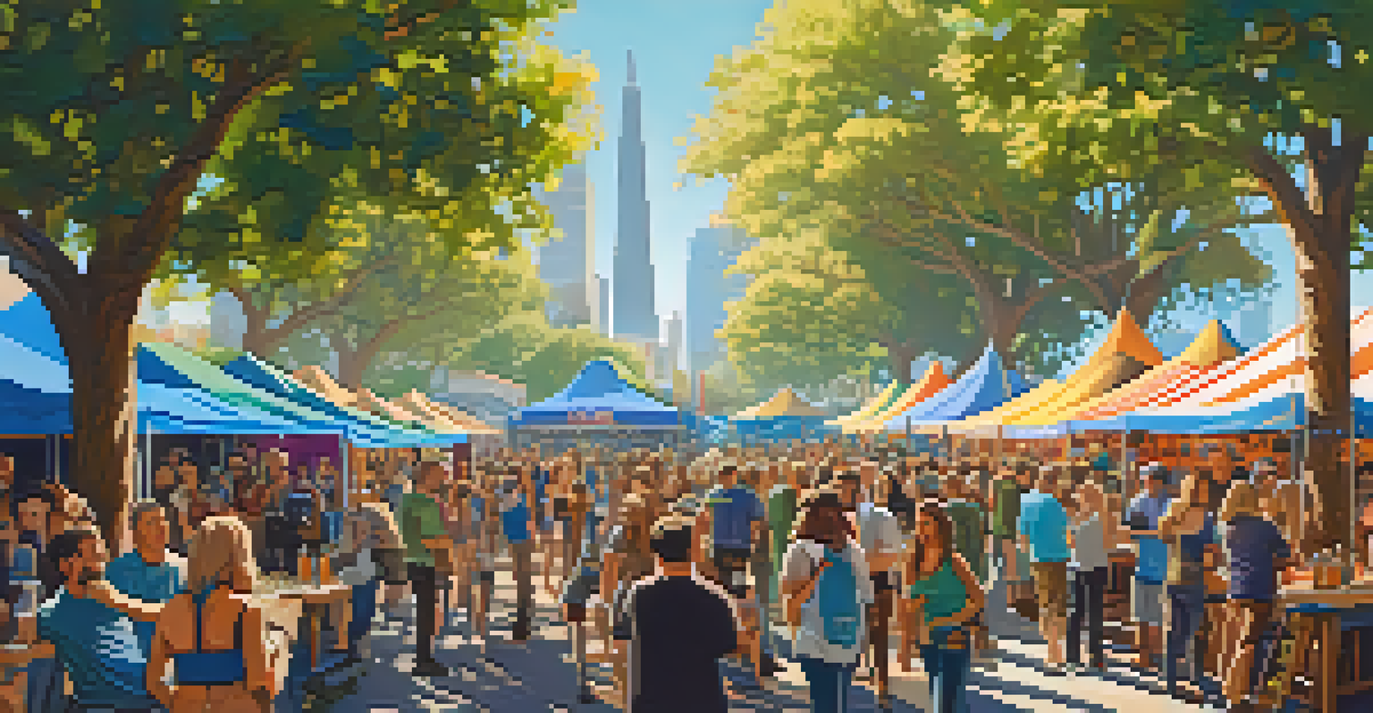 A lively craft beer festival in San Francisco with attendees sampling beers under blue skies and colorful tents.