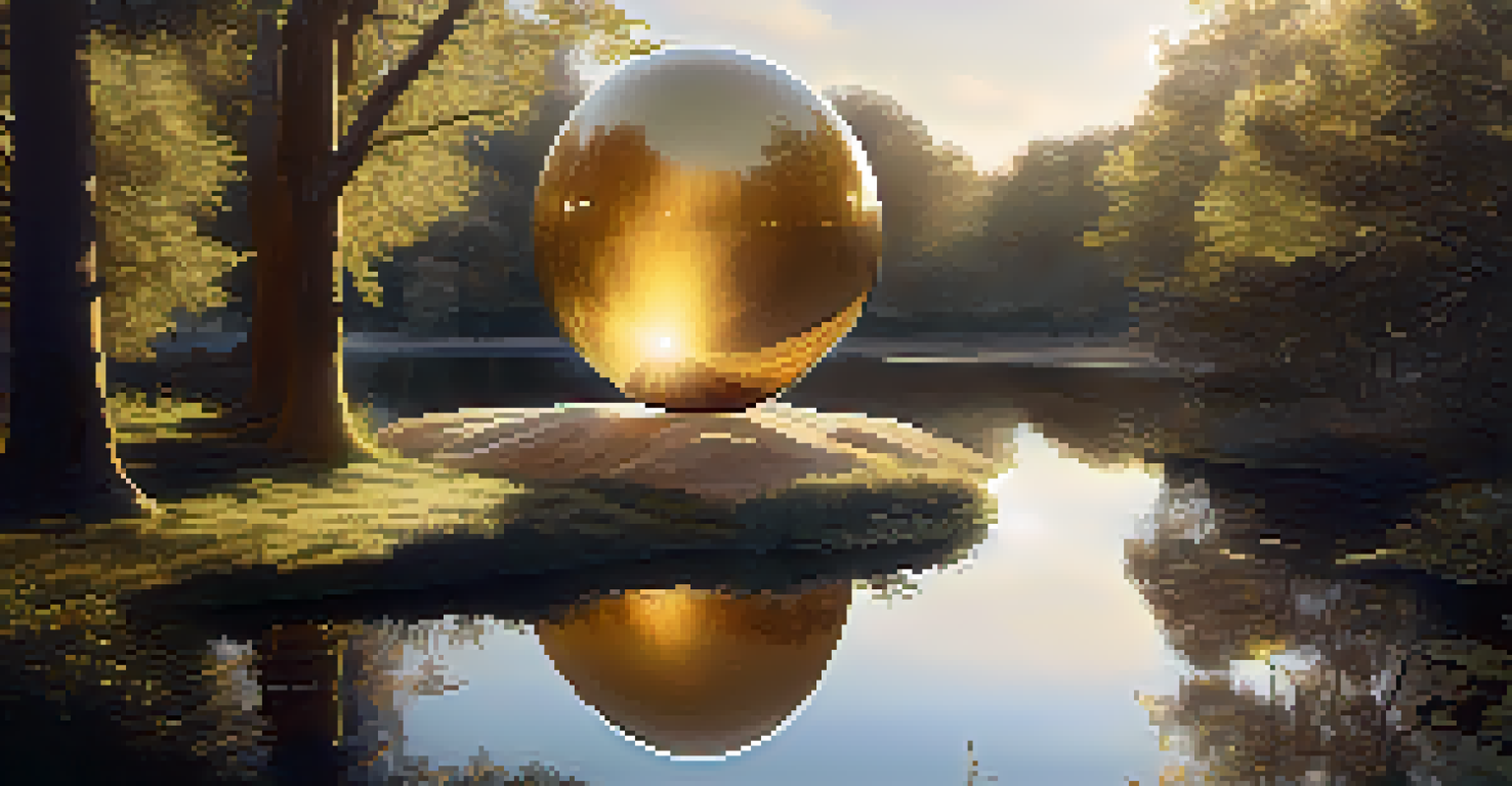 A reflective sculpture in nature surrounded by trees and soft golden light.