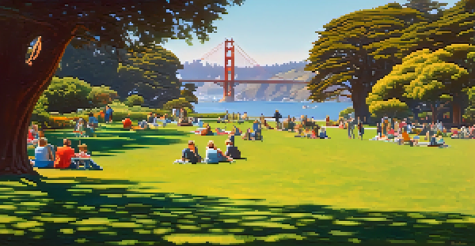 A sunny day at Golden Gate Park with people picnicking on green lawns, colorful flowers, and the Golden Gate Bridge in the background.