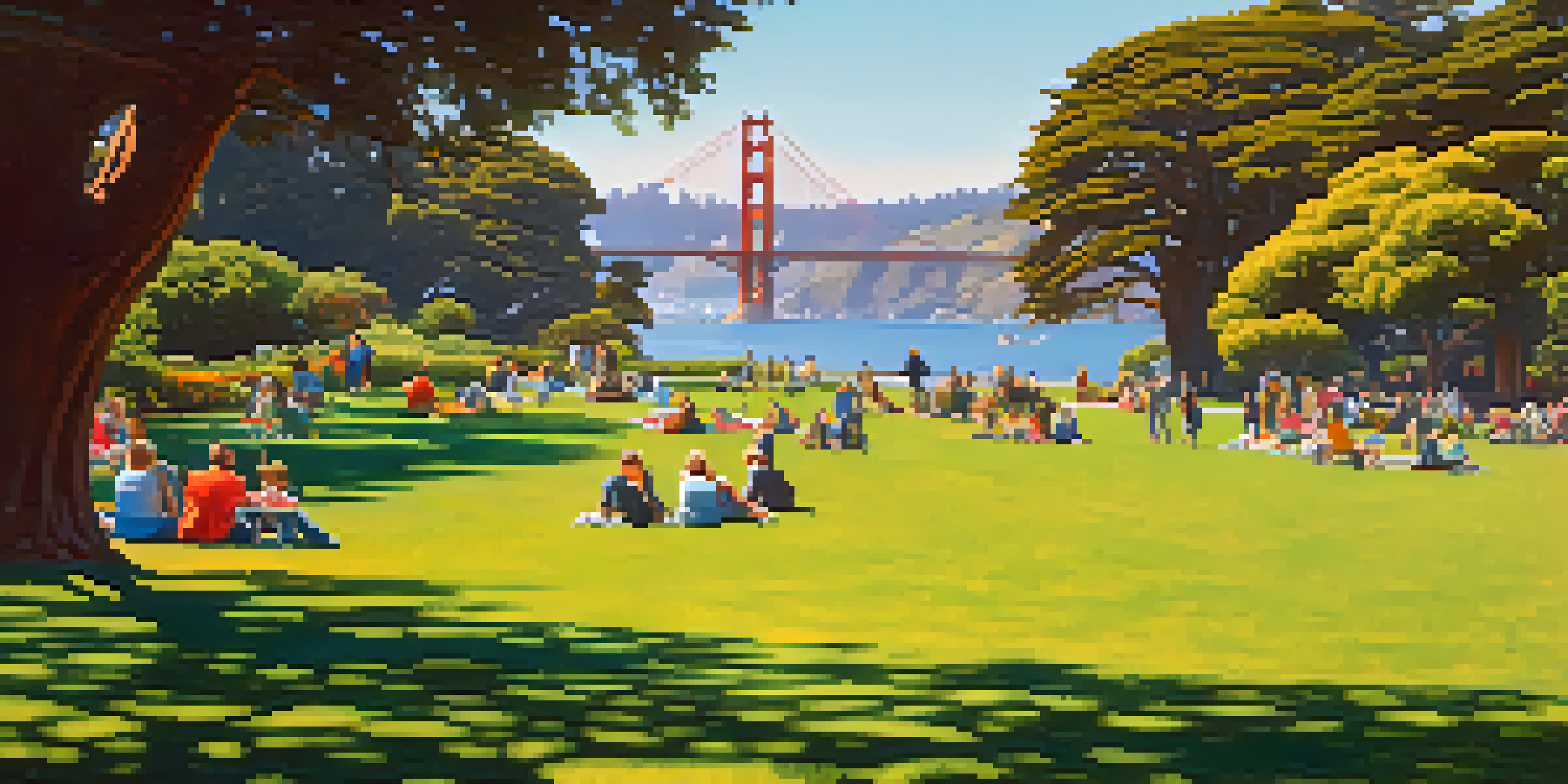 A sunny day at Golden Gate Park with people picnicking on green lawns, colorful flowers, and the Golden Gate Bridge in the background.