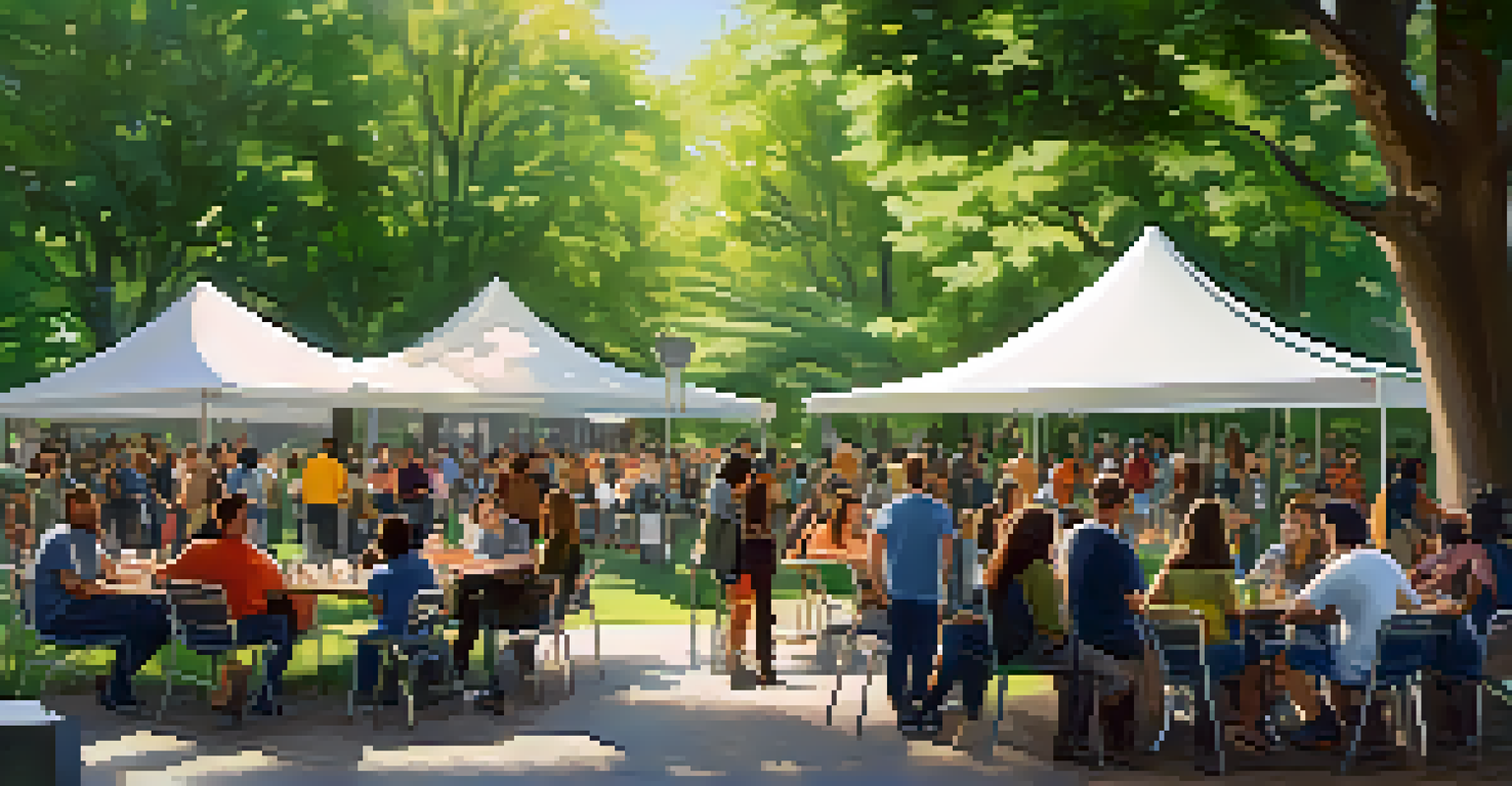 Graduates from a coding boot camp networking outdoors in a park, surrounded by trees and food trucks.