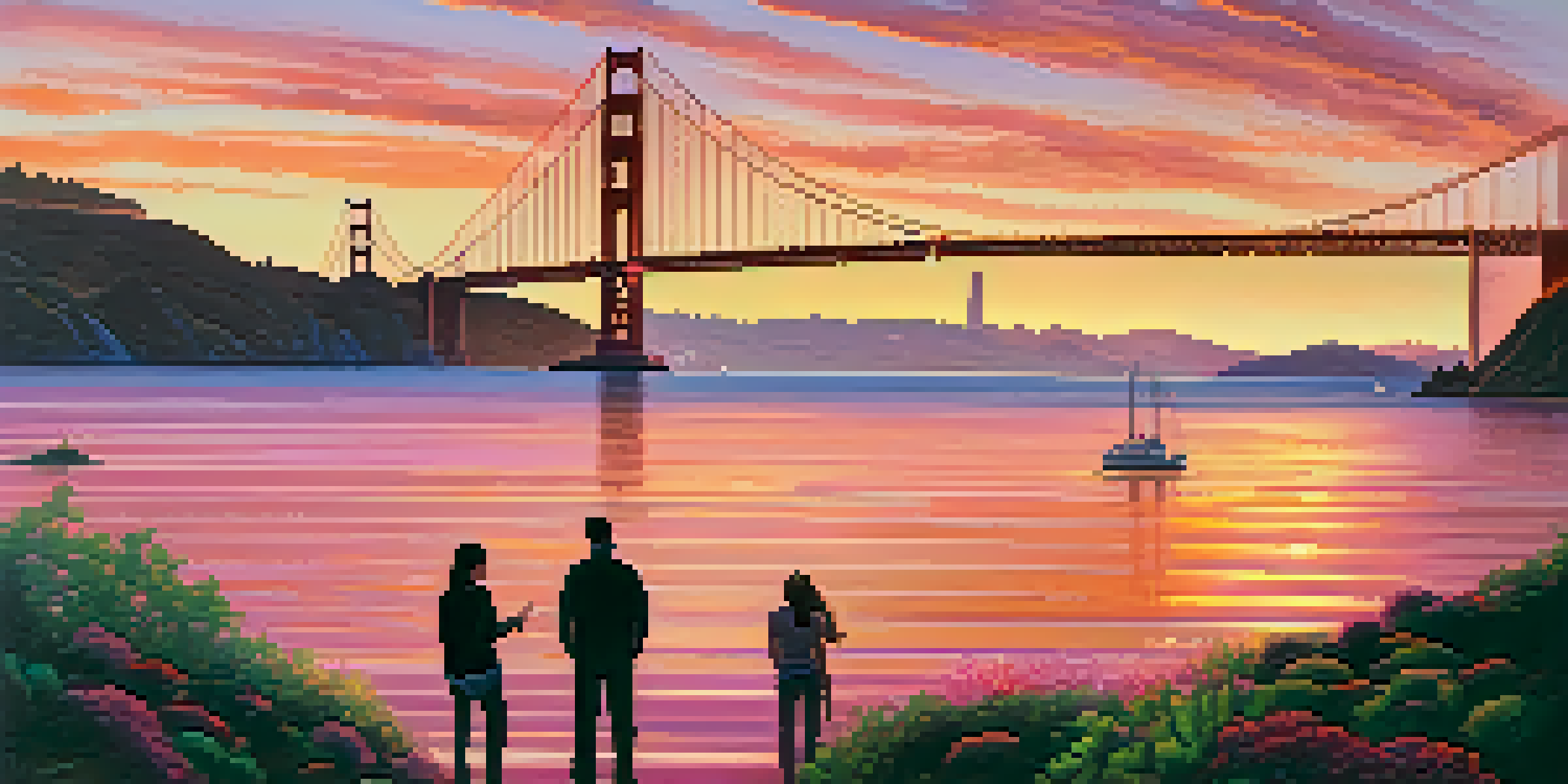 A stunning sunset over the Golden Gate Bridge, featuring vibrant colors and a couple in silhouette by the water.