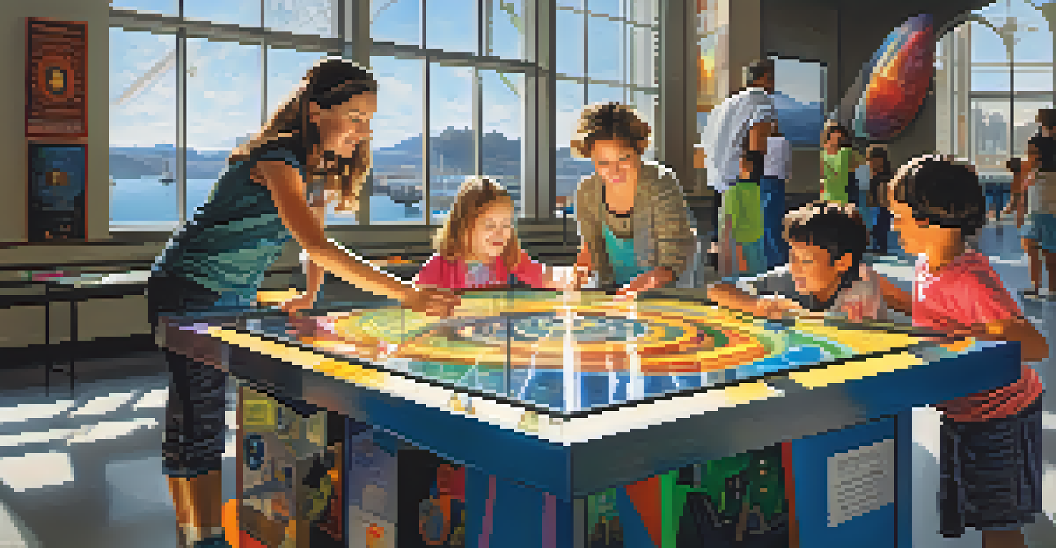 Families interacting with hands-on science exhibits at the Exploratorium, showcasing a bright and colorful interior.