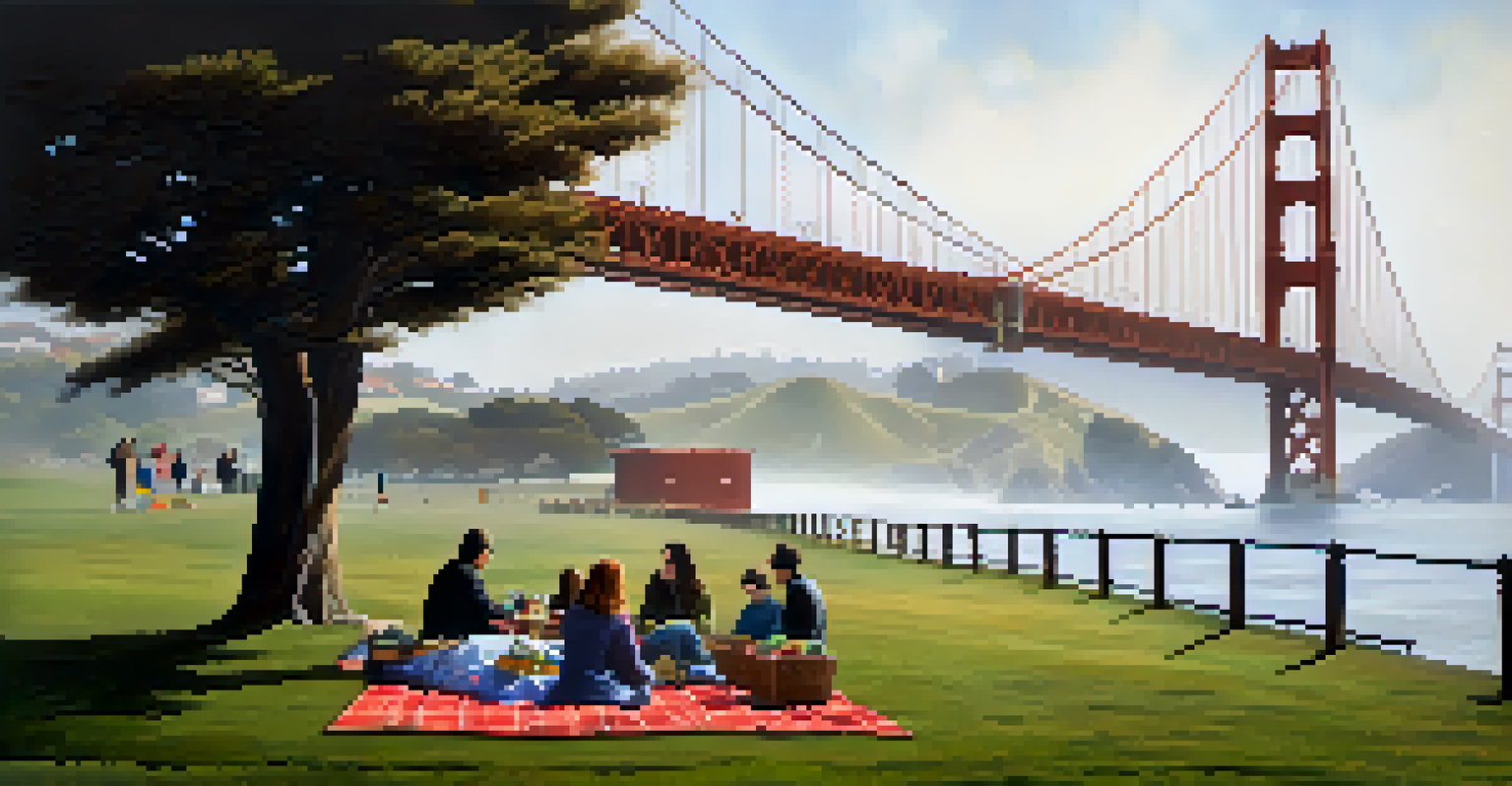 A foggy morning at Crissy Field with the Golden Gate Bridge hidden in mist, featuring people having a picnic in layered clothing.