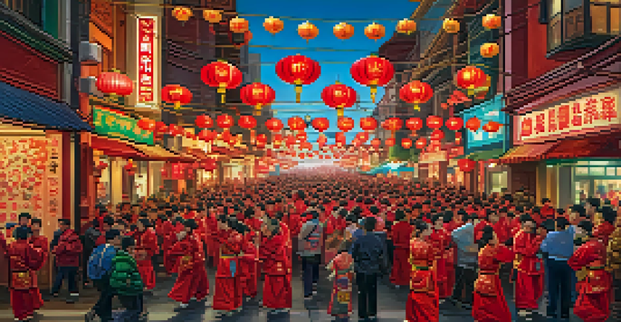 A lively celebration of Lunar New Year in Chinatown, featuring colorful lion dancers, red lanterns, and a diverse crowd in festive attire.