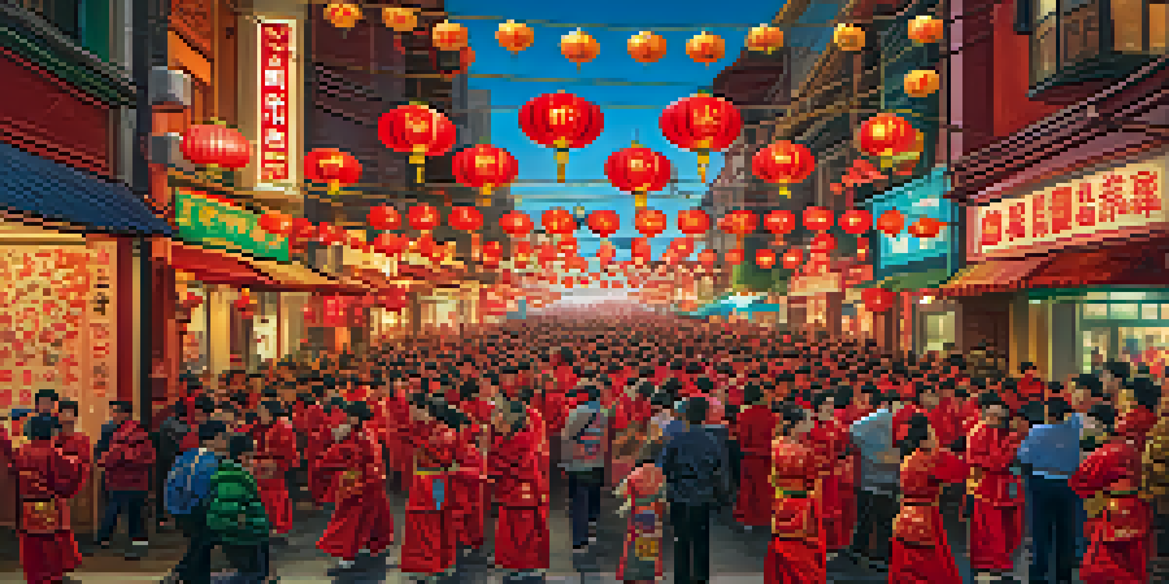 A lively celebration of Lunar New Year in Chinatown, featuring colorful lion dancers, red lanterns, and a diverse crowd in festive attire.