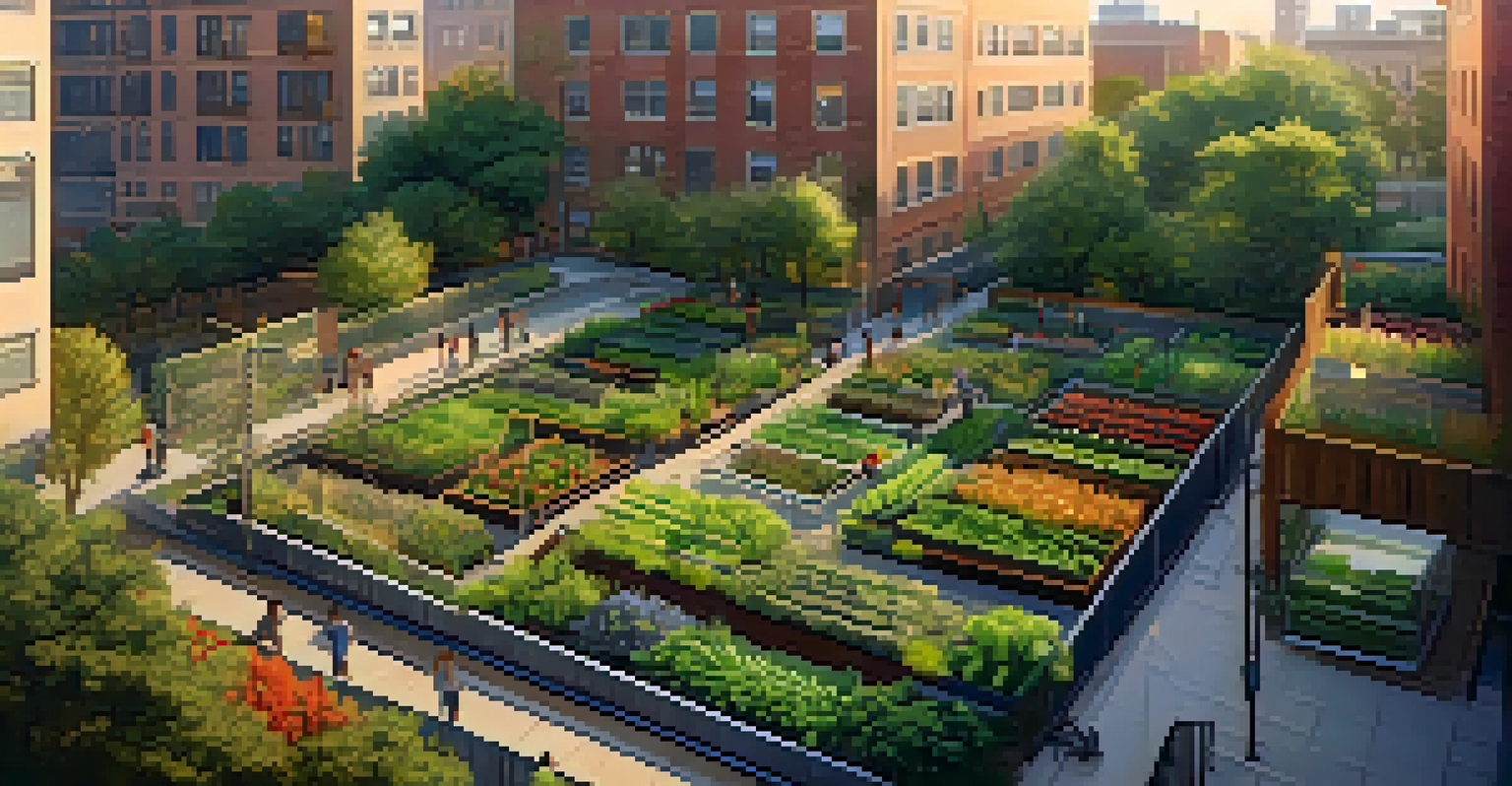 Aerial view of a community garden surrounded by city buildings, featuring vegetable beds and pathways.