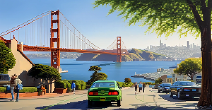 A sunny urban landscape in San Francisco featuring solar panels on rooftops and the Golden Gate Bridge, with people engaging in eco-friendly transportation.