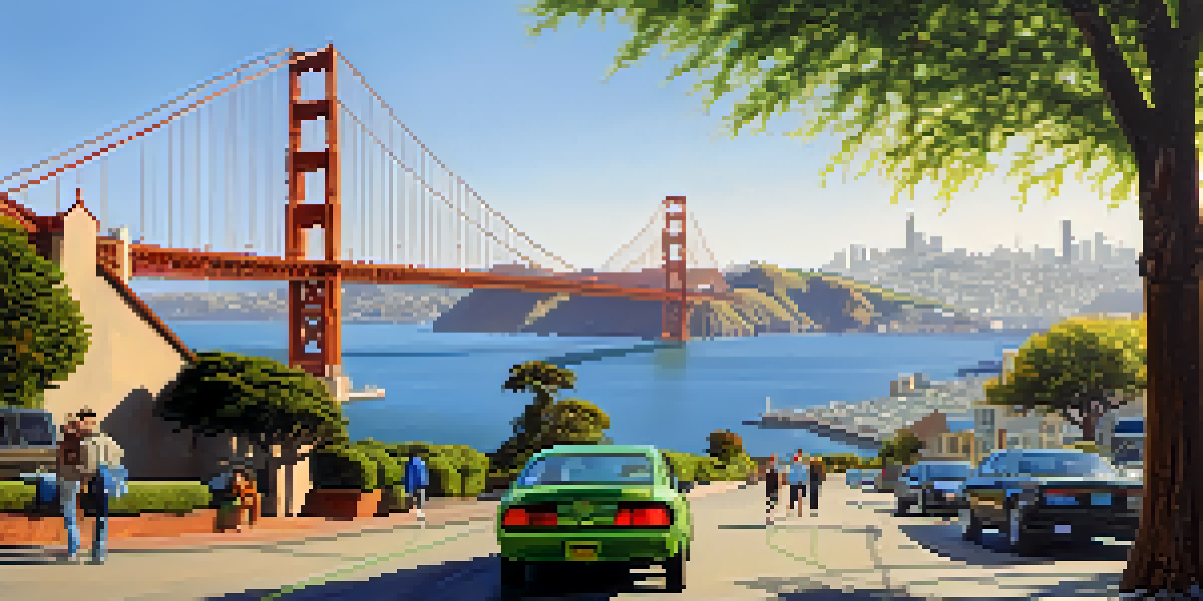 A sunny urban landscape in San Francisco featuring solar panels on rooftops and the Golden Gate Bridge, with people engaging in eco-friendly transportation.
