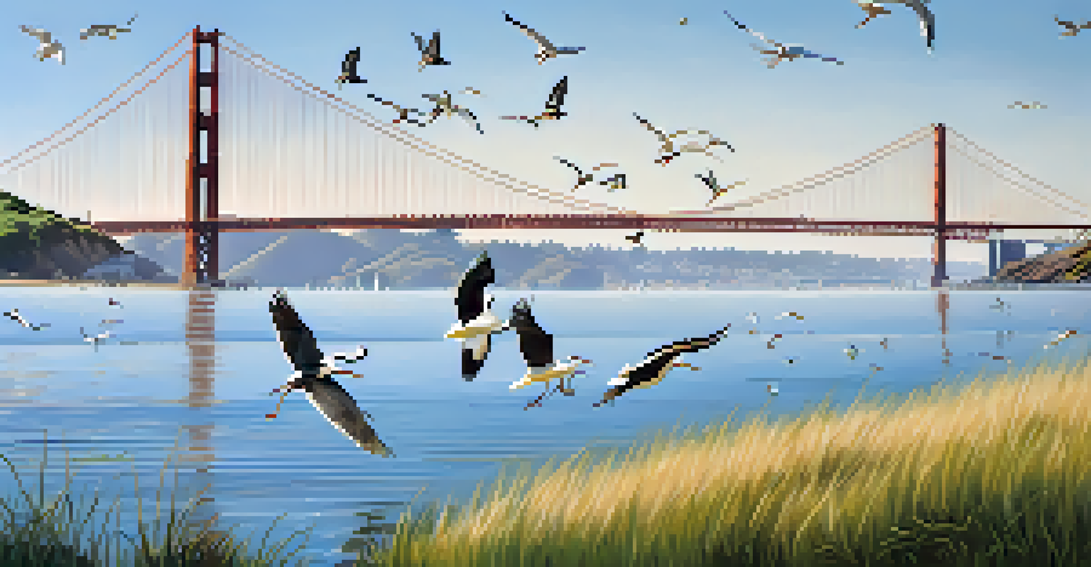 Birdwatching at Crissy Field in San Francisco, showcasing herons wading and gulls flying against a backdrop of green grass and the Golden Gate Bridge.