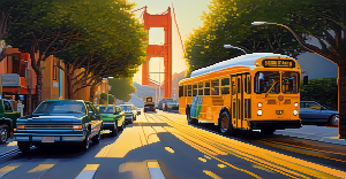 A lively urban scene of San Francisco with electric buses, the Golden Gate Bridge, and people enjoying the outdoors.
