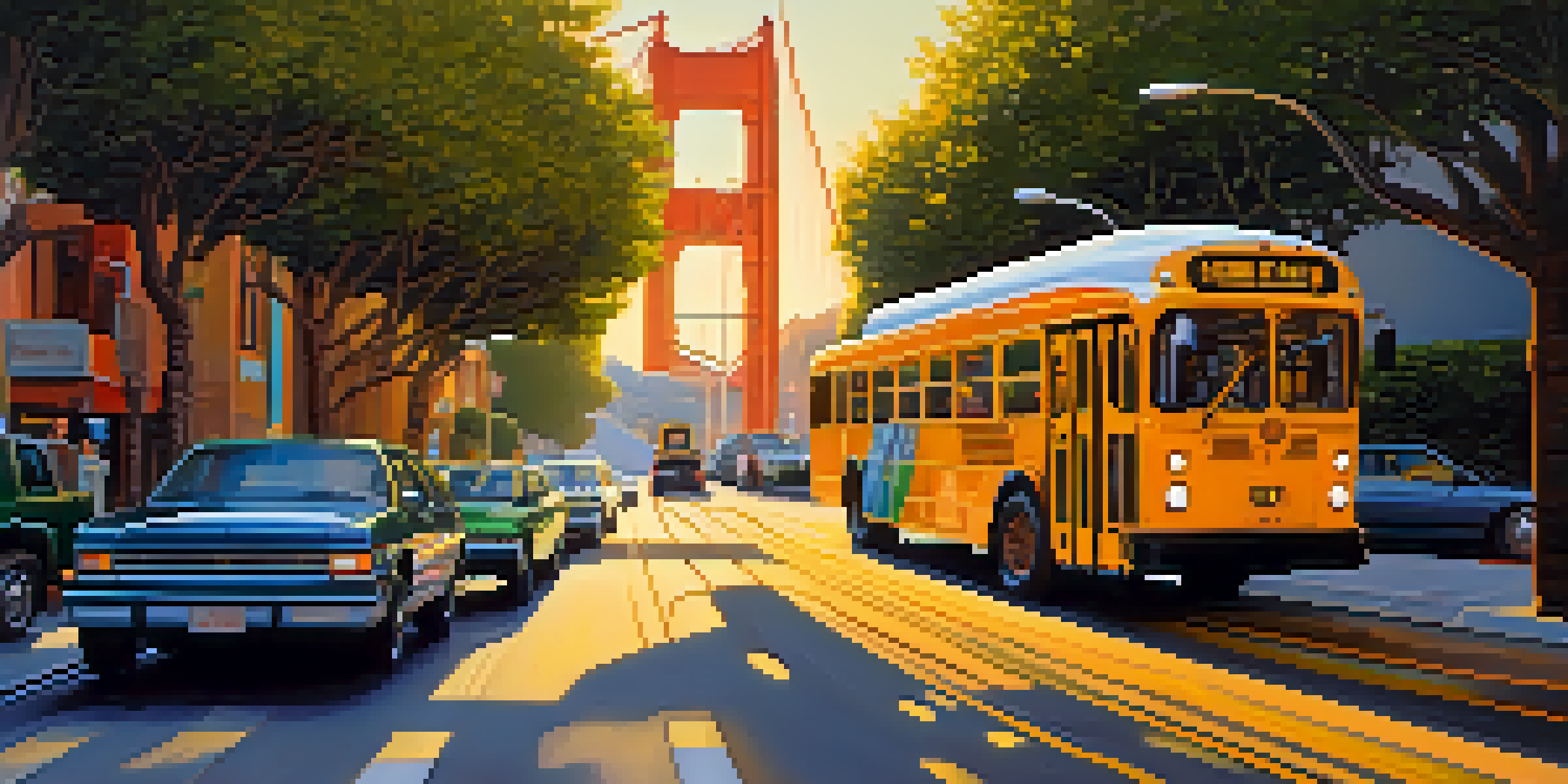 A lively urban scene of San Francisco with electric buses, the Golden Gate Bridge, and people enjoying the outdoors.
