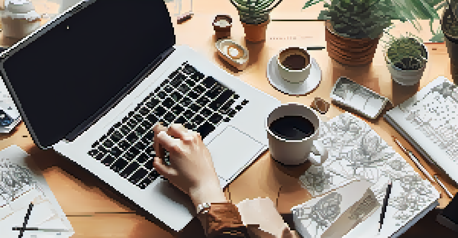 Close-up of hands typing on a laptop with coffee and notebooks in a cozy coworking space.