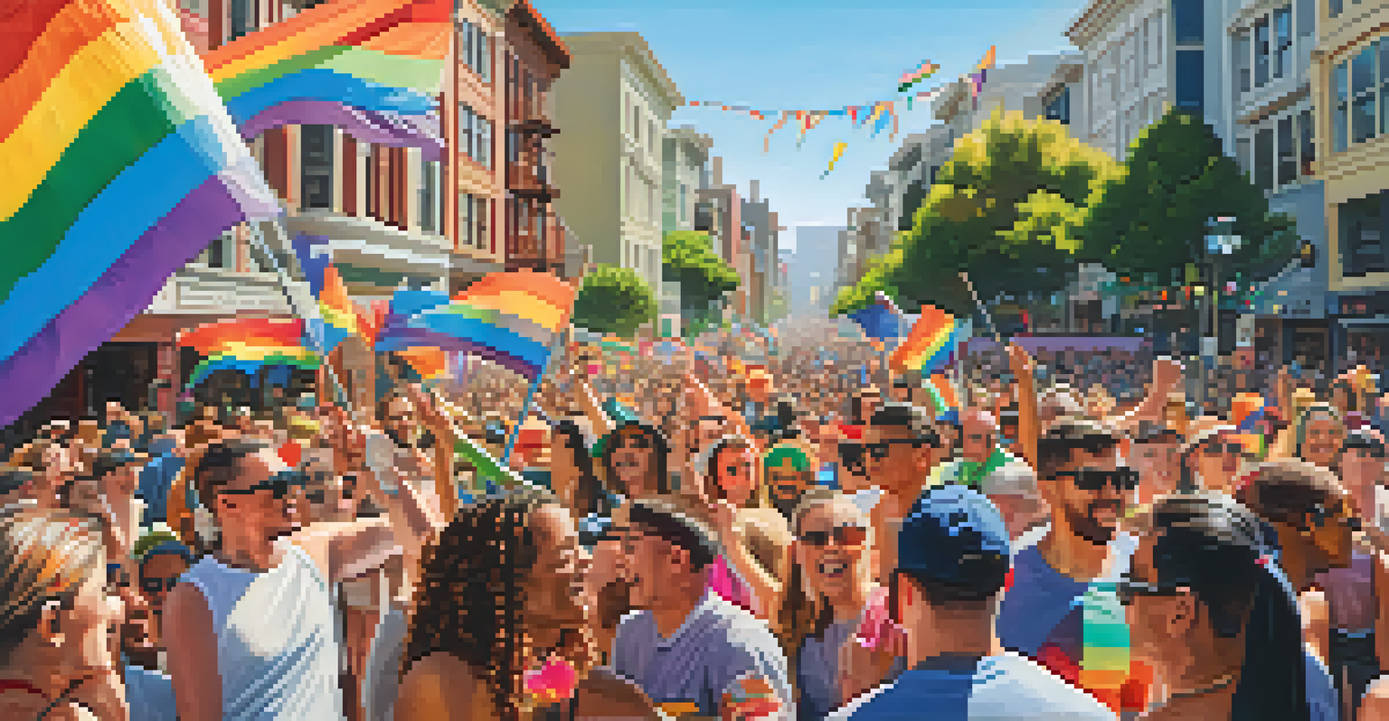 A lively scene from the San Francisco Pride Parade with colorful floats and a diverse crowd celebrating.