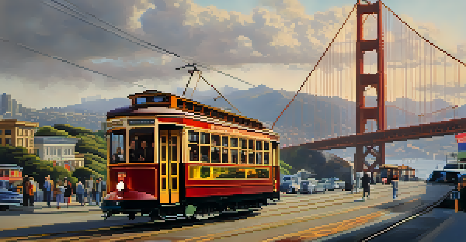 An electric streetcar with vibrant colors at a busy station, with the San Francisco skyline and Golden Gate Bridge in the background.