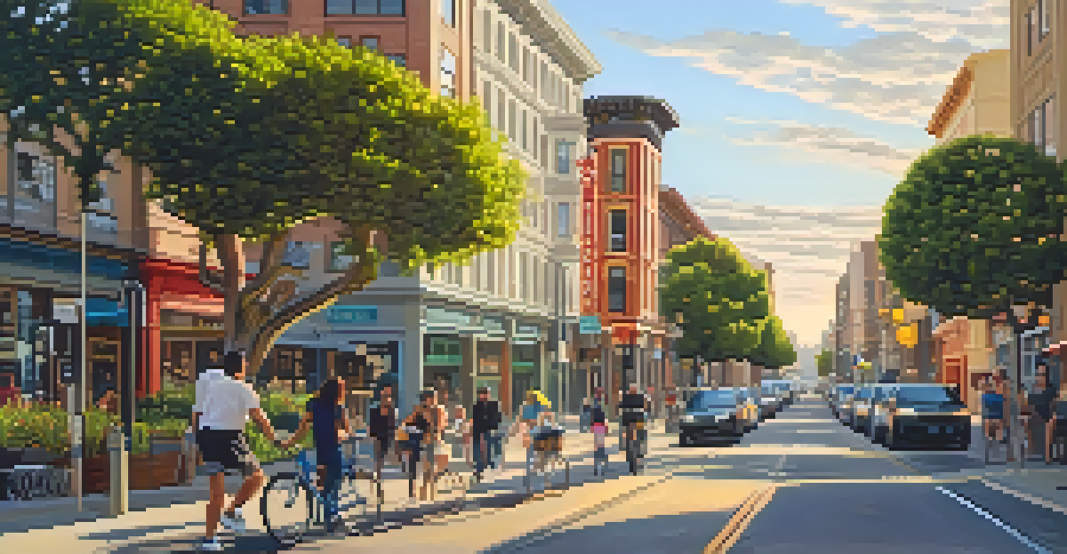 A vibrant San Francisco neighborhood with modern and historic buildings, people walking and biking, and a sunset casting a warm glow.
