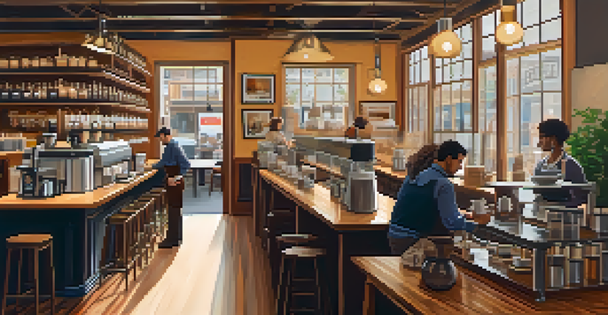 Interior of a cozy coffee shop in San Francisco with a barista preparing coffee and customers chatting.