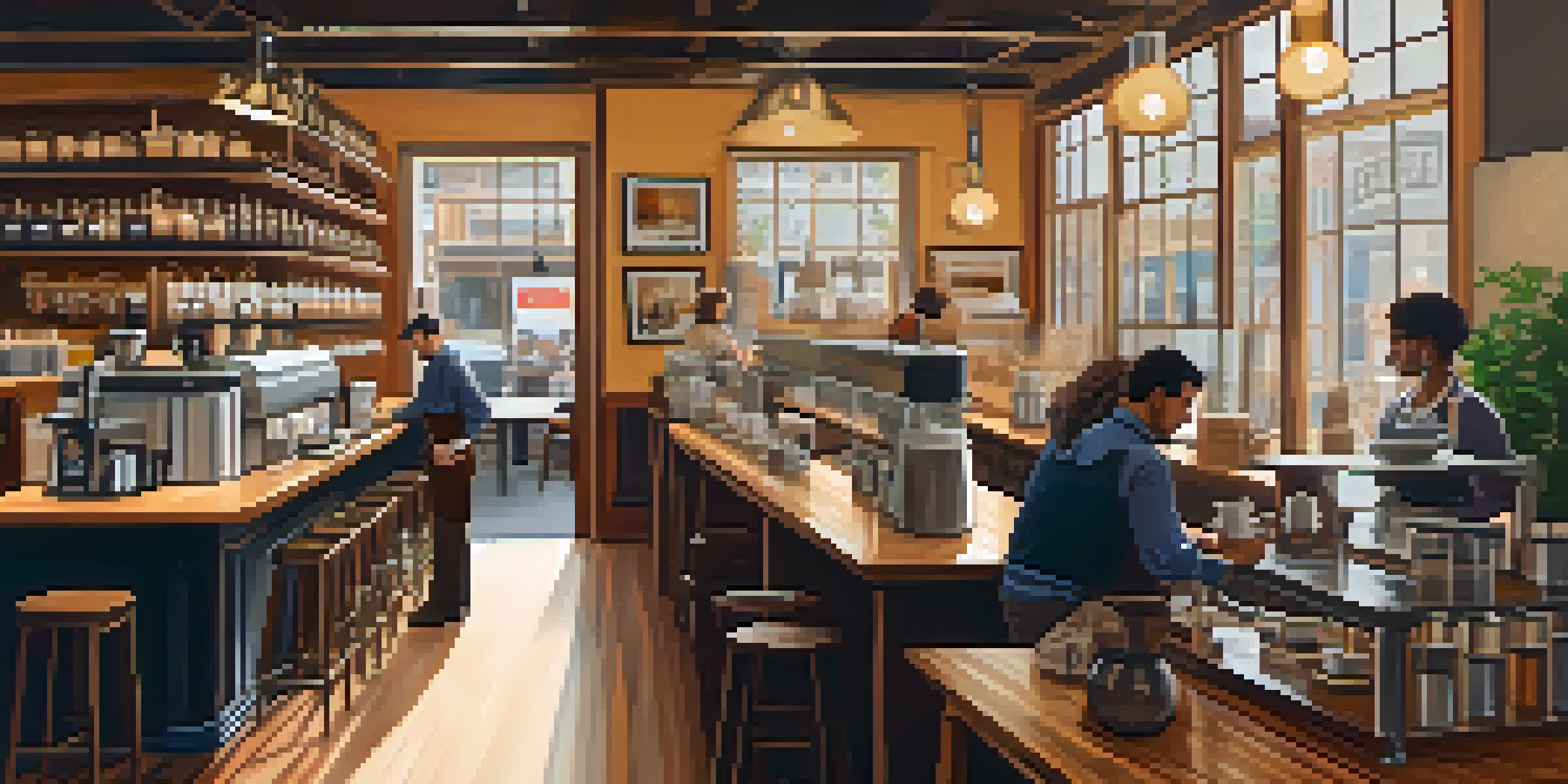 Interior of a cozy coffee shop in San Francisco with a barista preparing coffee and customers chatting.