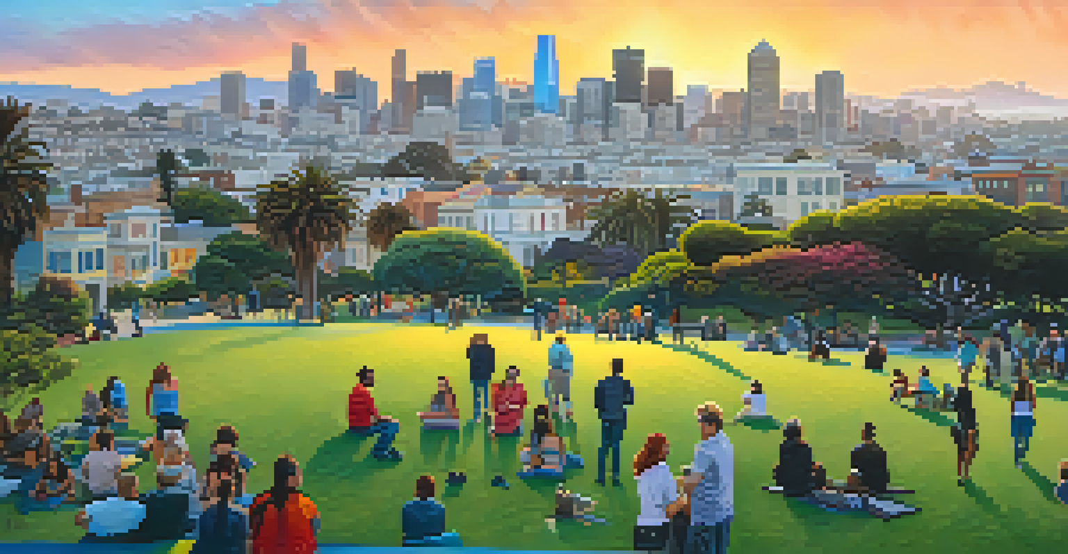 People enjoying a lively sunset at Mission Dolores Park, with the city skyline glowing in the background.