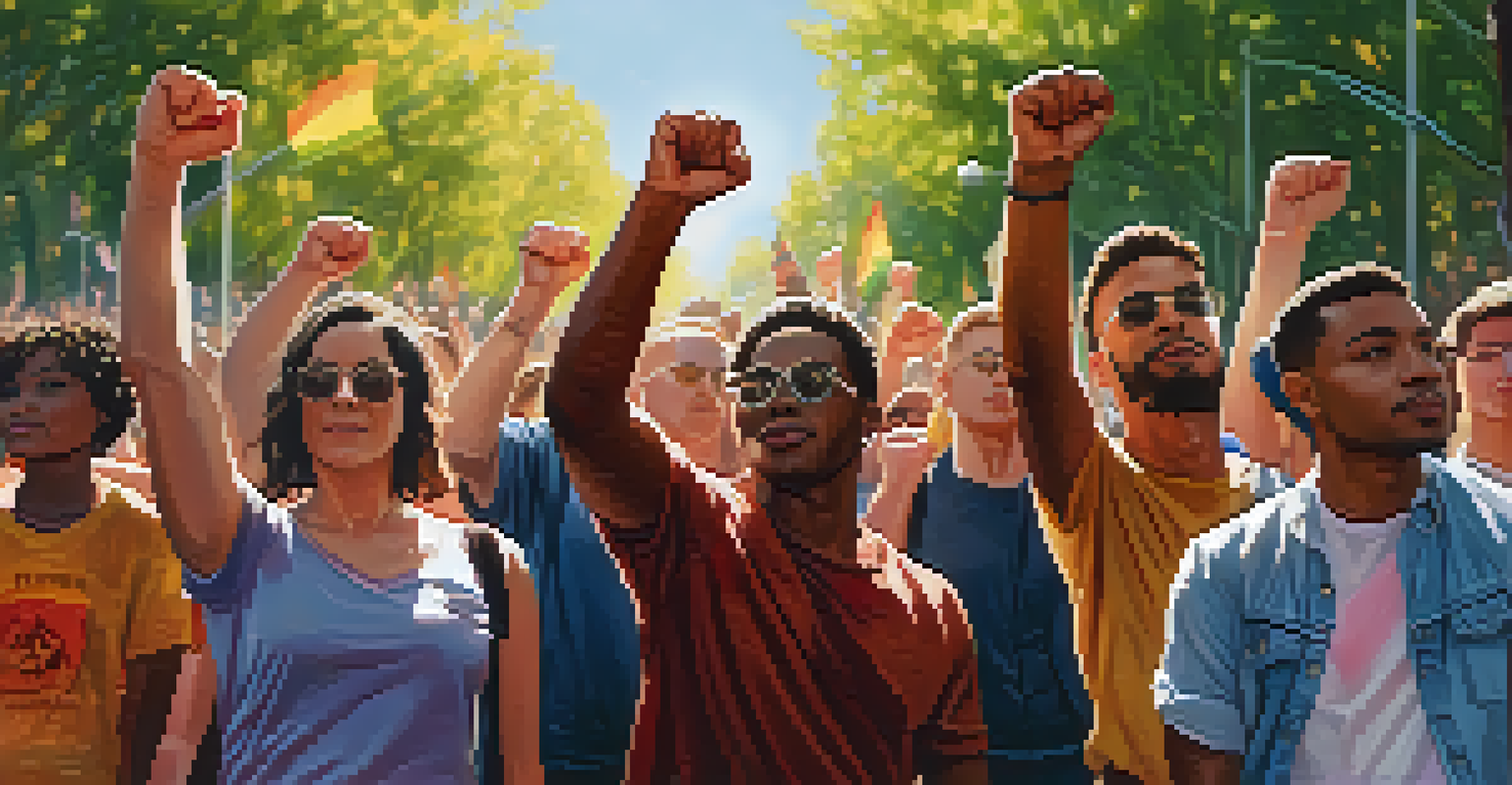 Activists holding hands and raising fists in solidarity during a protest, with banners advocating for equality, illuminated by warm sunlight.