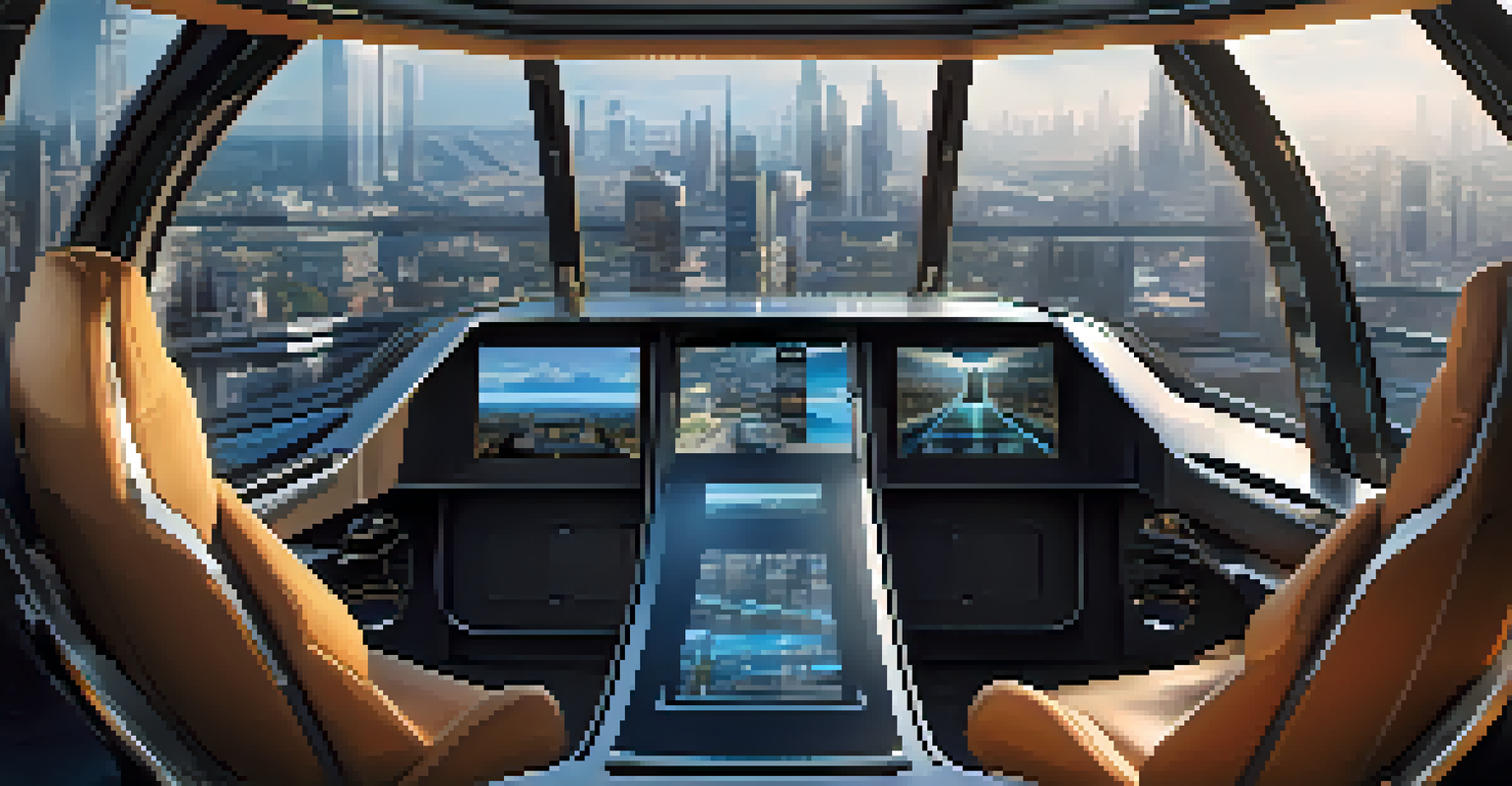The interior of a flying taxi cockpit, showing advanced technology and a view of a vibrant city outside.