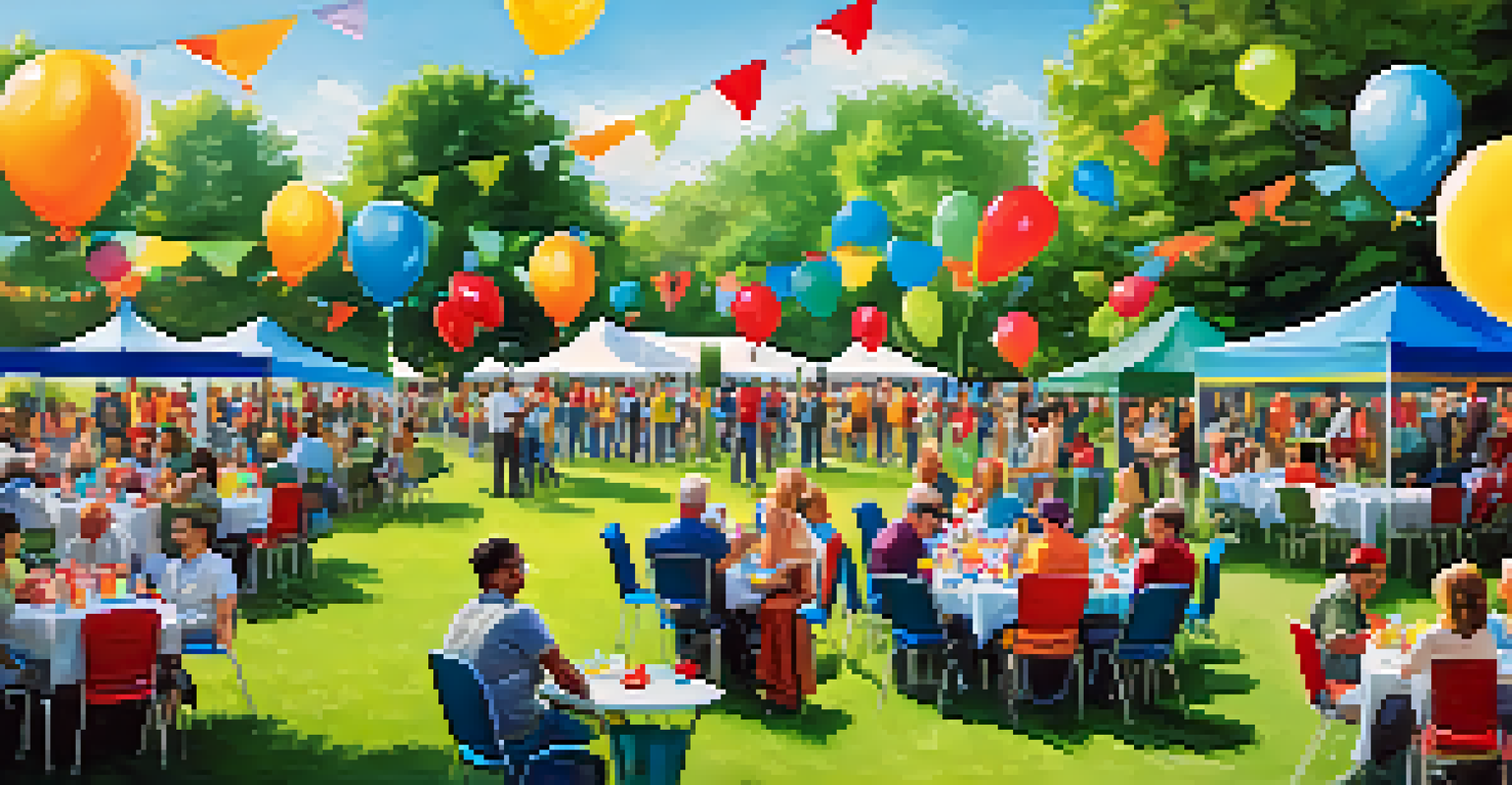 A lively volunteer appreciation event in a park, with tables, decorations, and volunteers celebrating their contributions.