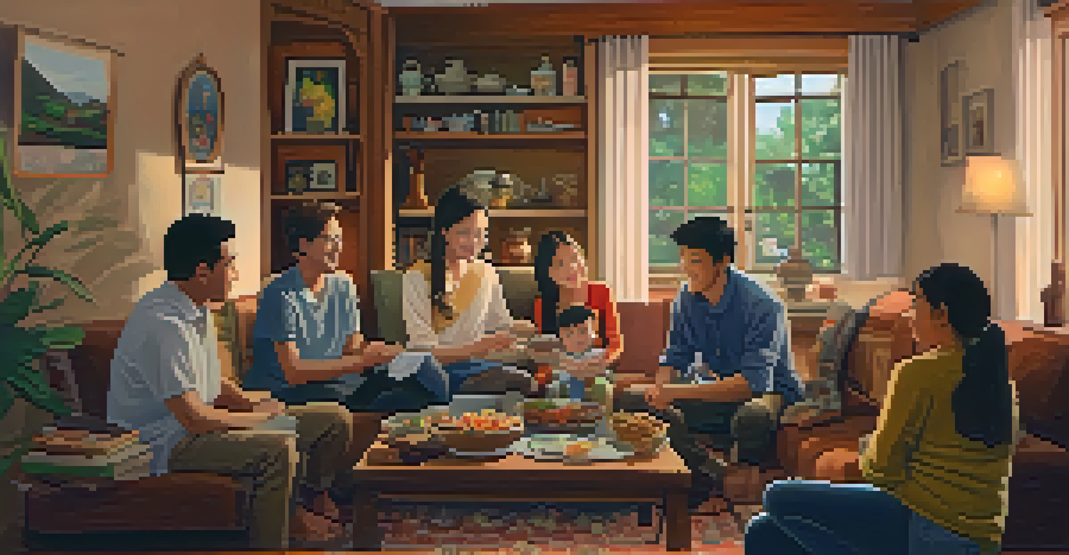 A family in a cozy living room sharing a meal with an international exchange student, surrounded by cultural artifacts.
