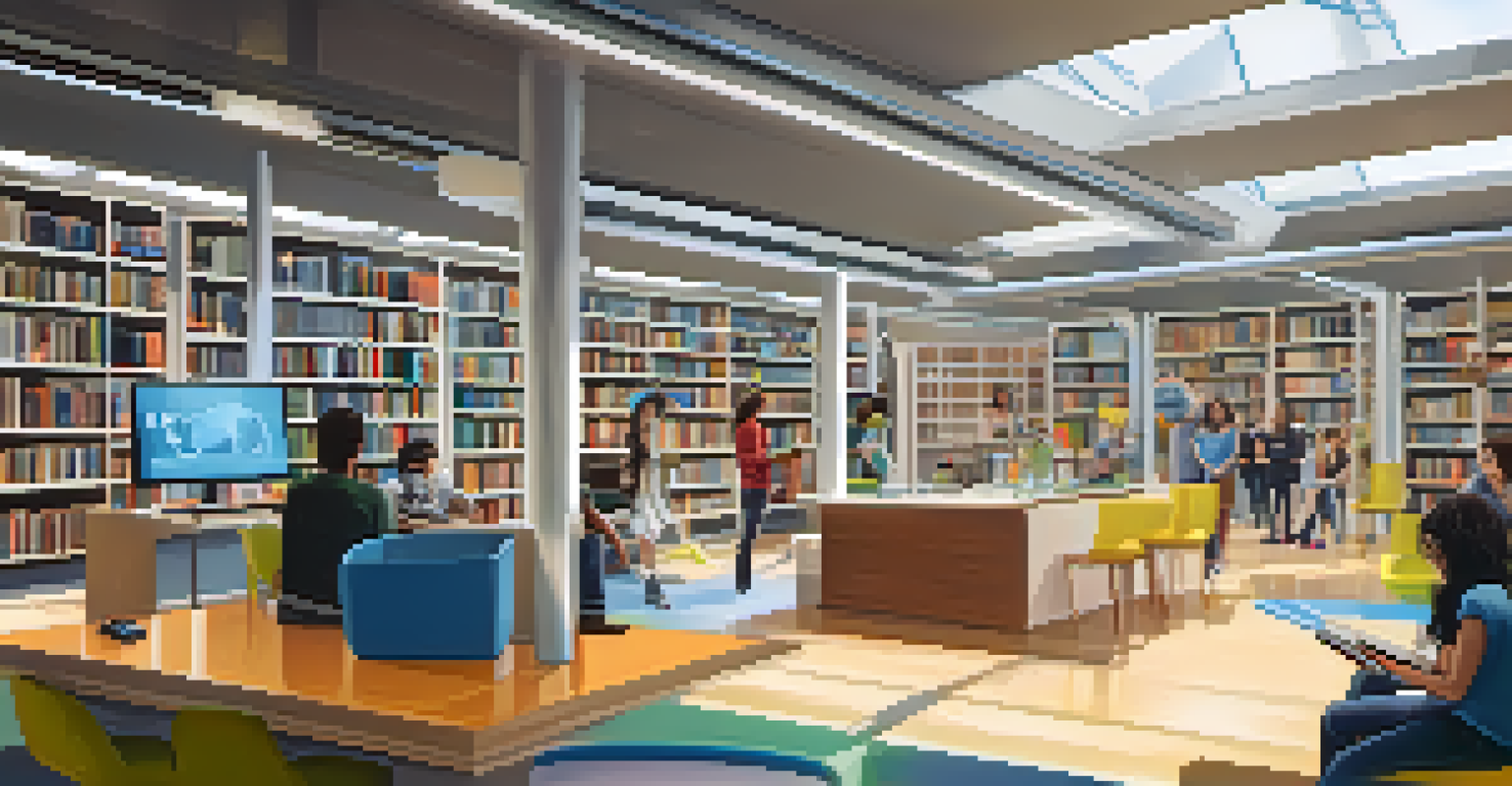Students observing a 3D printer in a modern library, with shelves filled with science and technology books in the background.
