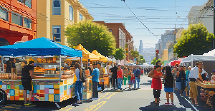 A lively street scene in San Francisco with food trucks and diverse people enjoying food at a festival.