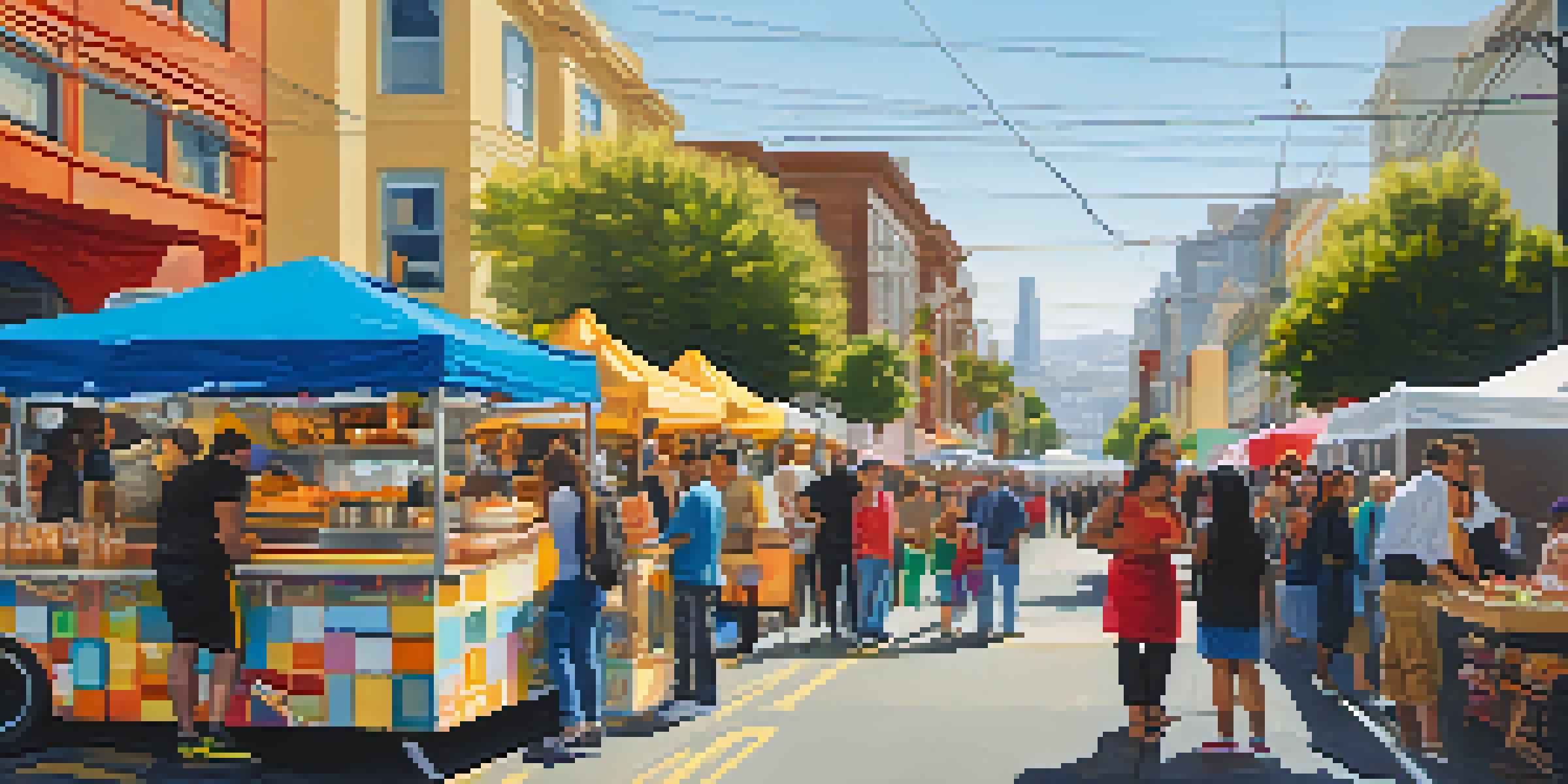A lively street scene in San Francisco with food trucks and diverse people enjoying food at a festival.