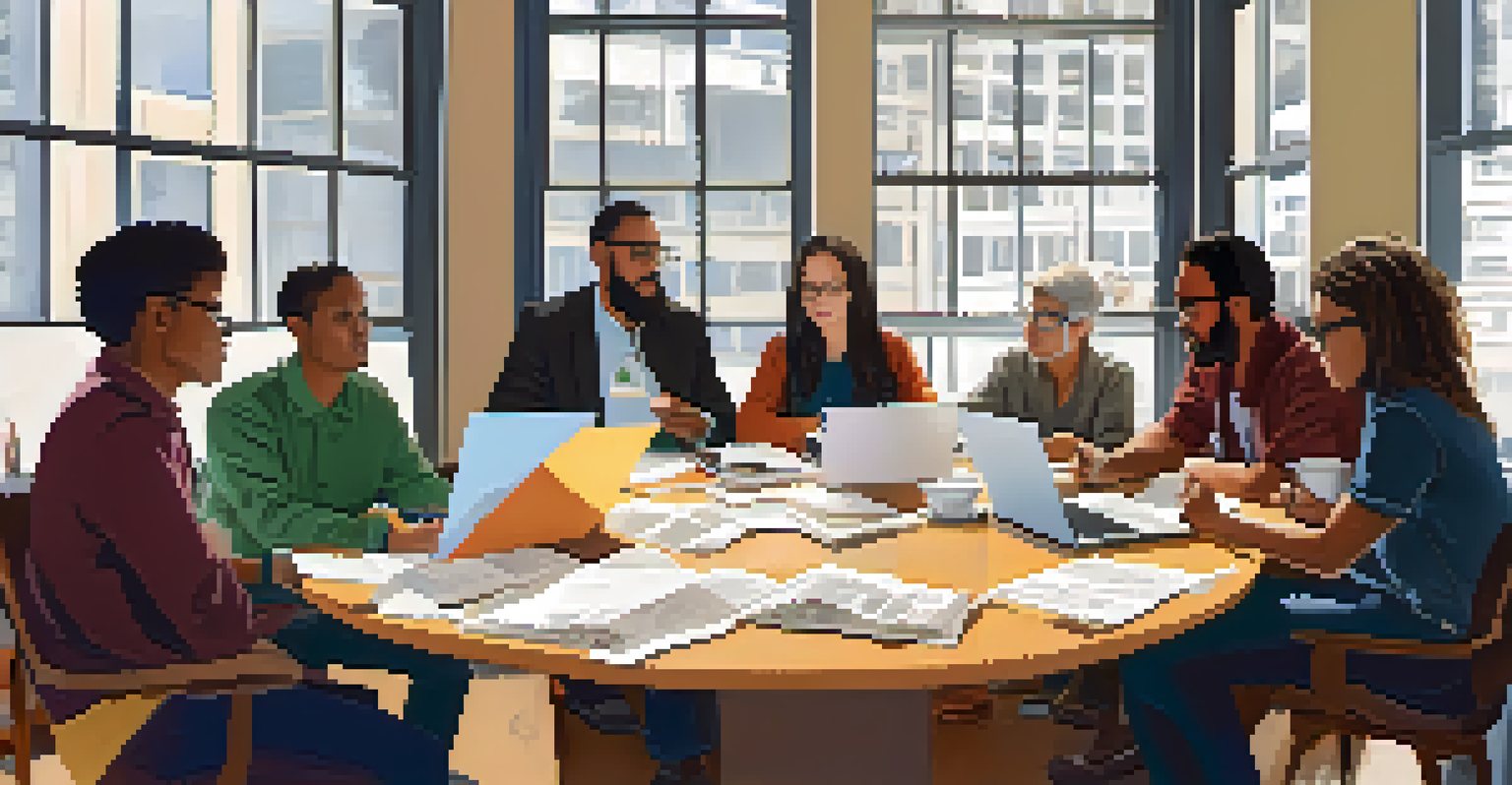 A diverse group of activists collaborating at a round table with documents and laptops, discussing grassroots movements in a well-lit room.