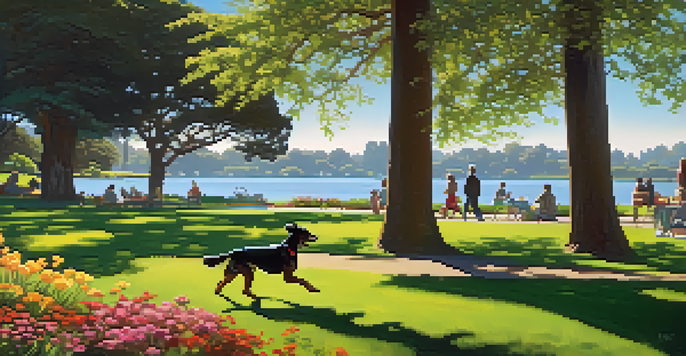 A dog running in a green park with colorful flowers and a serene lake in the background, with people picnicking nearby.