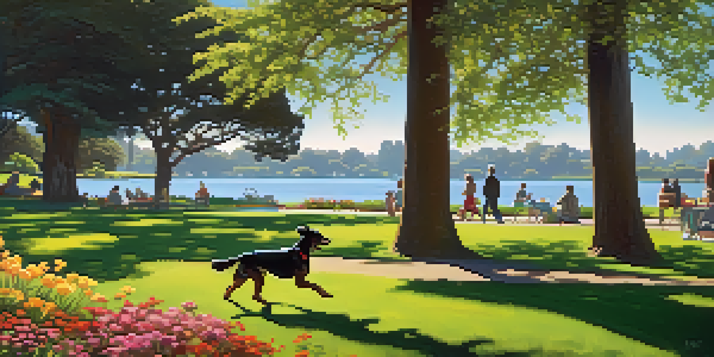 A dog running in a green park with colorful flowers and a serene lake in the background, with people picnicking nearby.