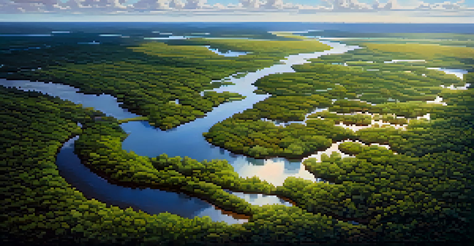 An aerial view of a diverse ecosystem in a nature reserve, featuring forests, rivers, and wetlands.