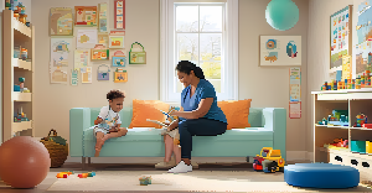An occupational therapist assisting a child with motor skills in a cozy, well-decorated therapy room filled with educational materials.