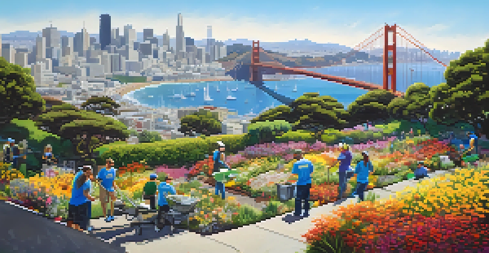 A colorful park in San Francisco with volunteers cleaning up, showcasing the Golden Gate Bridge in the background under a clear blue sky.